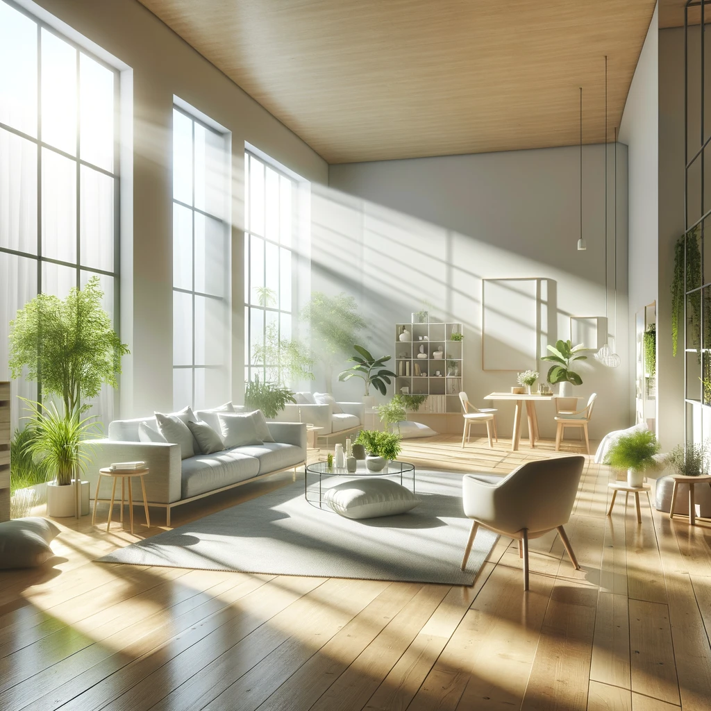 Bright living room with large windows and green plants